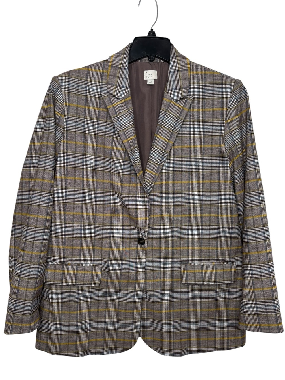 A New Day Plaid Blazer Brown Gray Yellow Womens Sz XL Classic Lined Jacket Coat